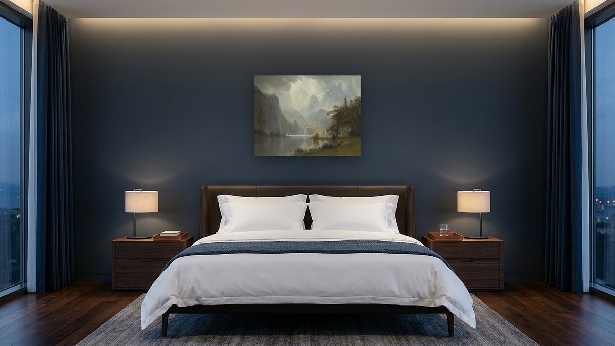 In the Mountains by Albert Bierstadt, shown at 30 × 40 in (76.2 × 101.6 cm) as gallery-wrapped canvas, hotel guest room