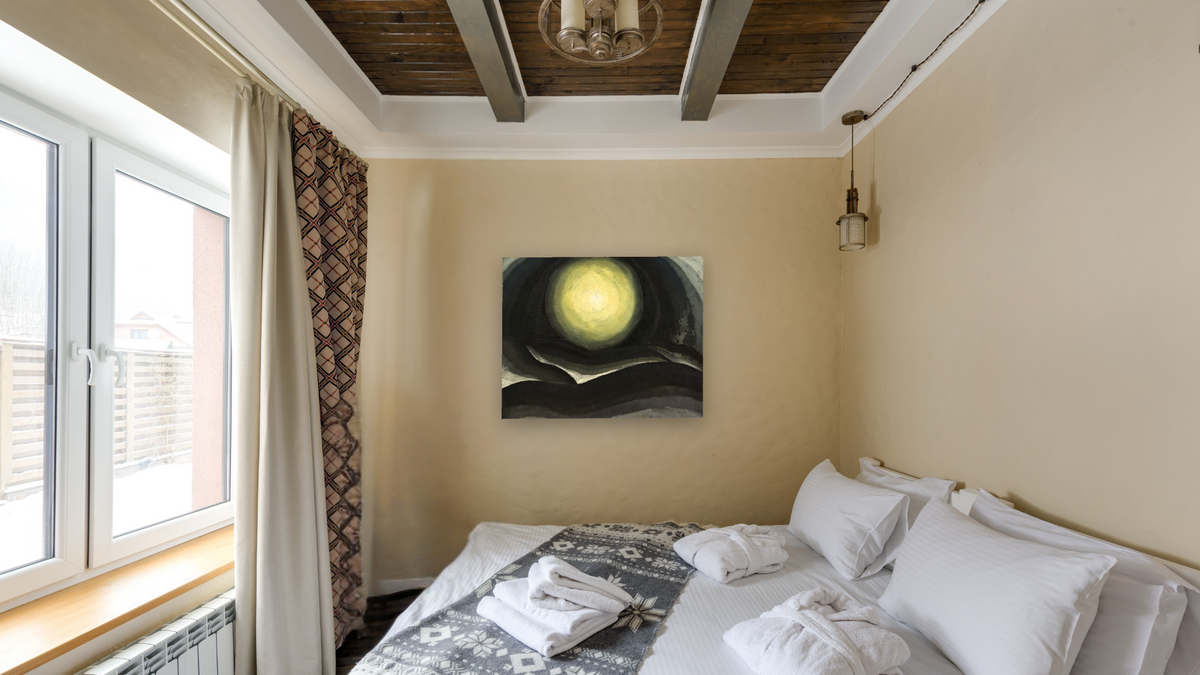 Moon by Arthur Garfield Dove, shown at 32 × 40 in (81.3 × 101.6 cm) as gallery-wrapped canvas, hotel guest room
