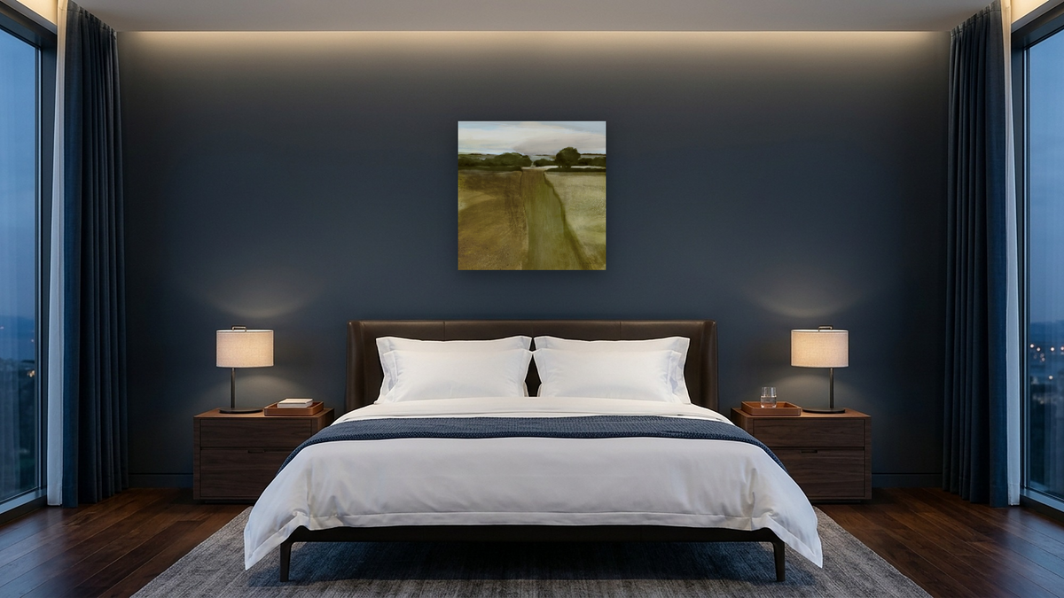 Oak View by Dan Hobday, shown at 32 × 32 in (81.3 × 81.3 cm) as gallery-wrapped canvas, hotel guest room