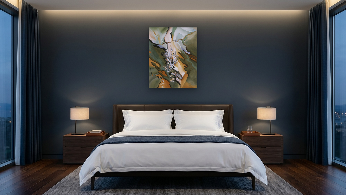 From the Lake No. 3 by Georgia O'Keeffe, shown at 32 × 40 in (81.3 × 101.6 cm) as gallery-wrapped canvas, hotel guest room