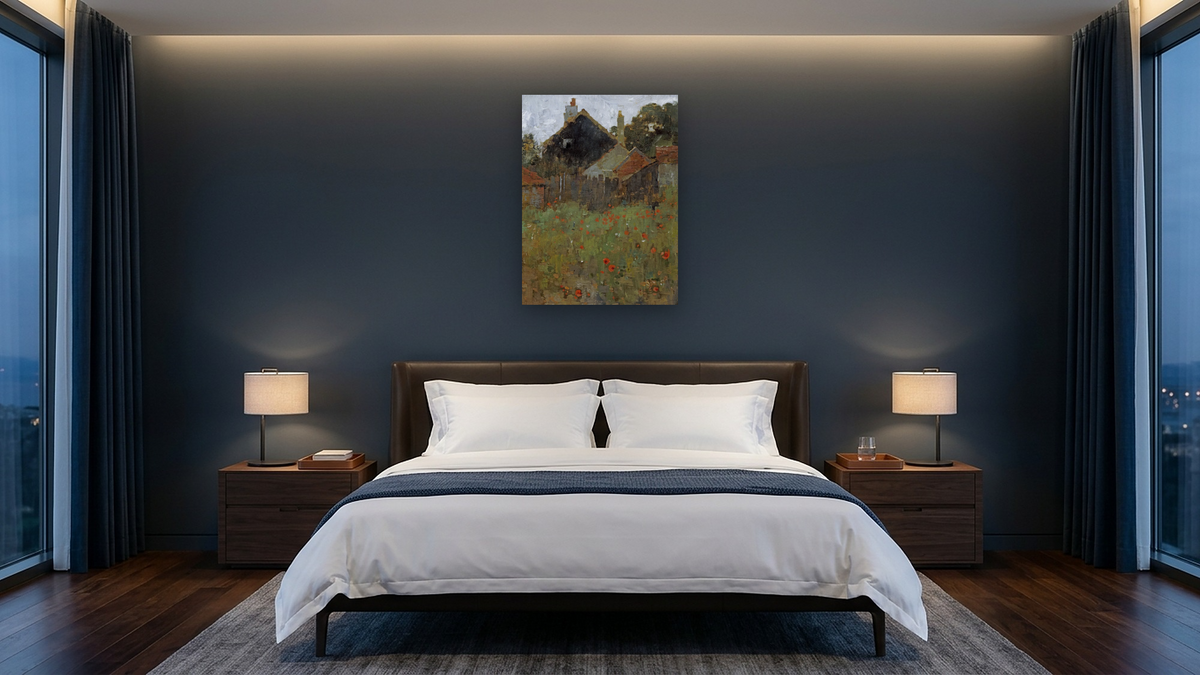 The Poppy Field by Willard LeRoy Metcalf, shown at 30 × 40 in (76.2 × 101.6 cm) as gallery-wrapped canvas, hotel guest room