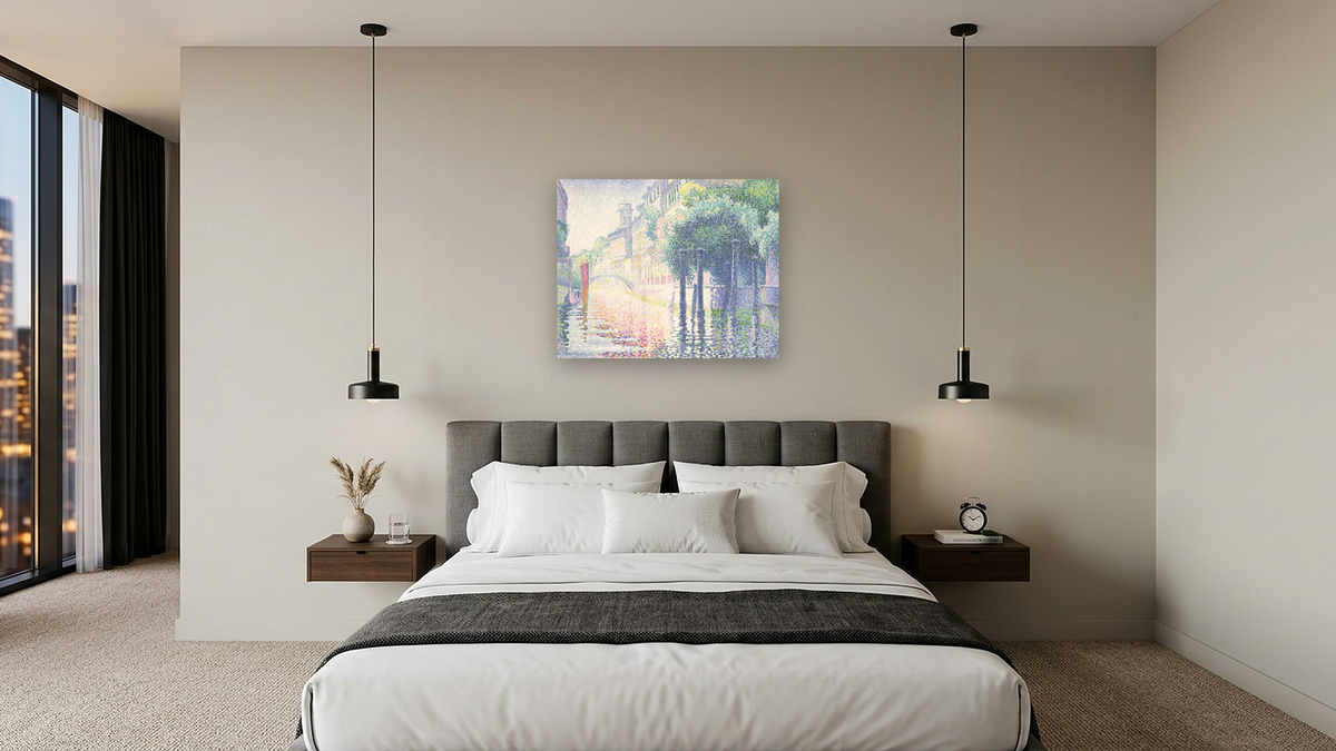 Rio San Trovaso, Venice by Henri Edmond Cross, shown at 32 × 40 in (81.3 × 101.6 cm) as gallery-wrapped canvas, hotel guest room
