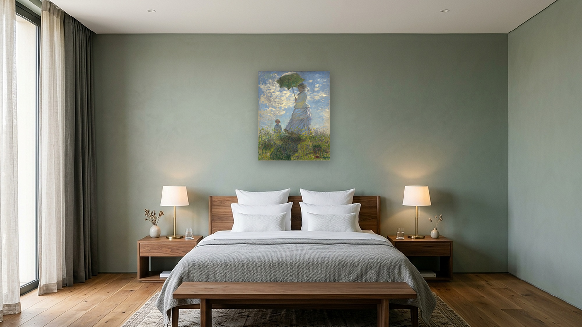 Woman with a Parasol - Madame Monet and Her Son by Claude Monet, shown at 32 × 40 in (81.3 × 101.6 cm) as gallery-wrapped canvas, hotel guest room