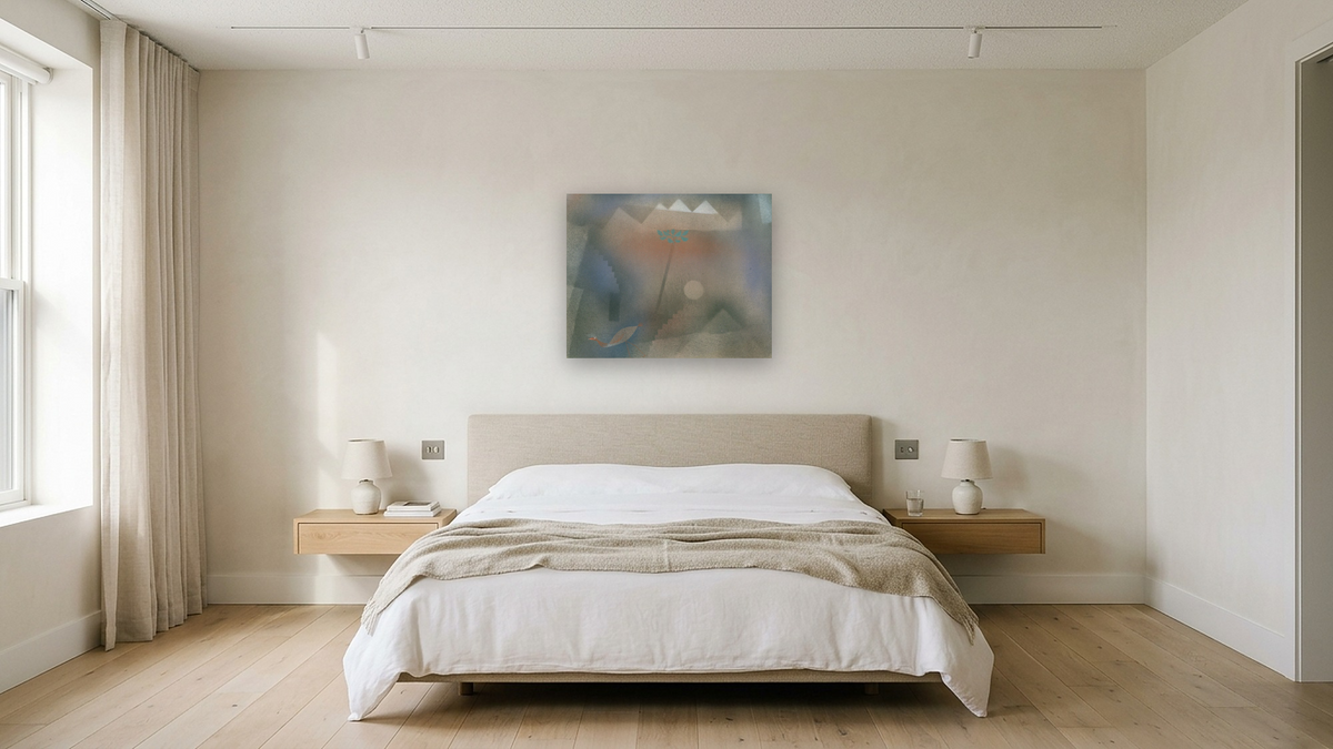 Bird Wandering Off by Paul Klee, shown at 32 × 40 in (81.3 × 101.6 cm) as gallery-wrapped canvas, hotel guest room