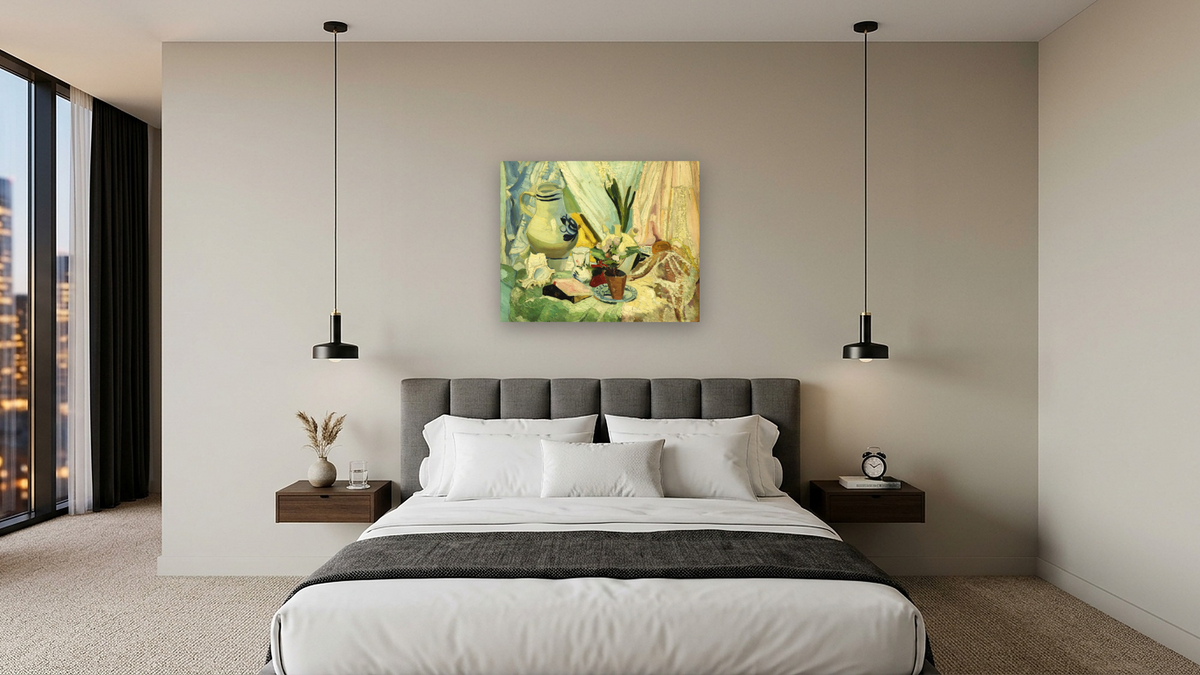 Still Life by Joseph Stella, shown at 32 × 40 in (81.3 × 101.6 cm) as gallery-wrapped canvas, hotel guest room