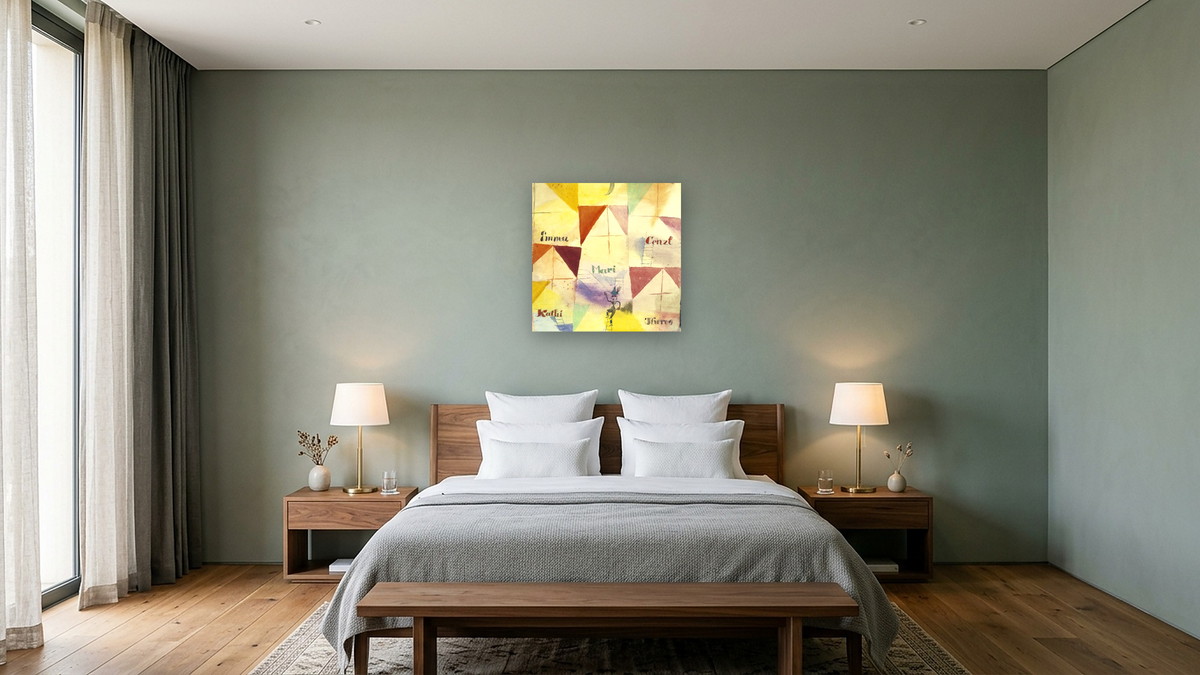The Bavarian Don Giovanni (Der bayrische Don Giovanni) by Paul Klee, shown at 32 × 32 in (81.3 × 81.3 cm) as gallery-wrapped canvas, hotel guest room