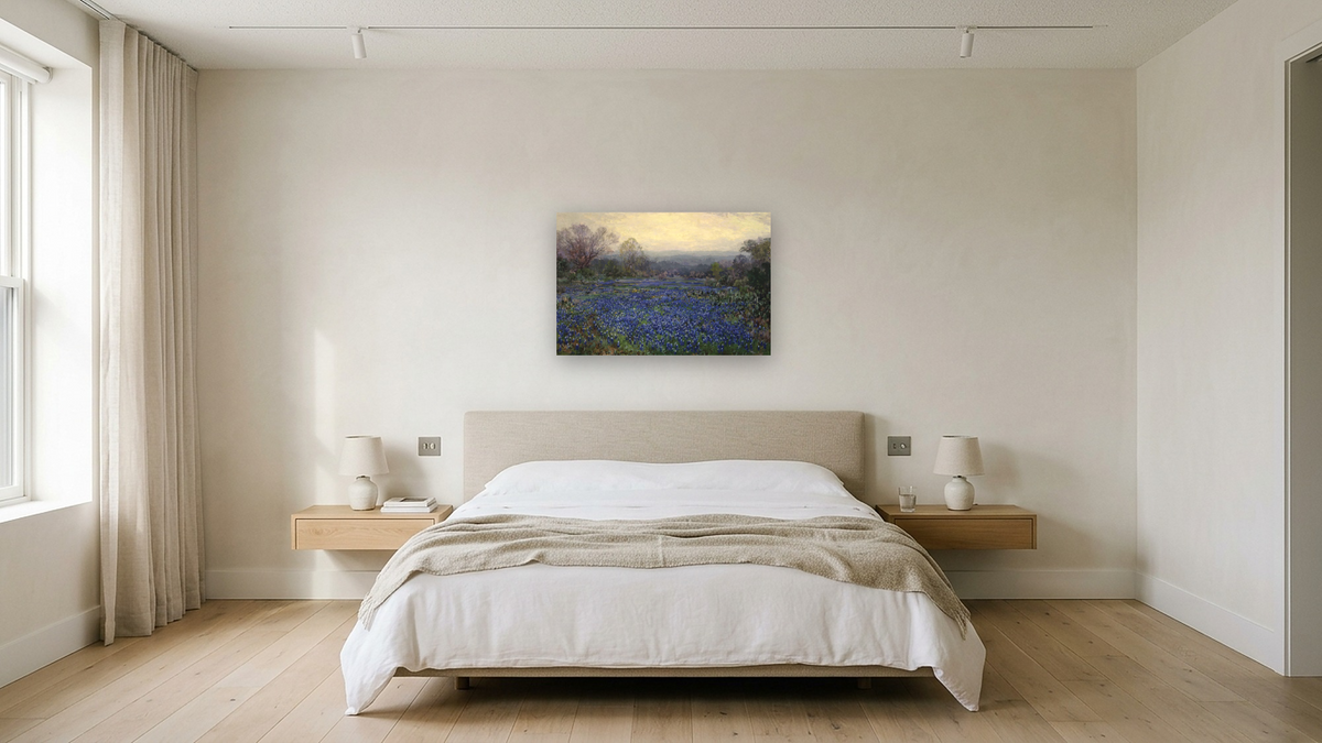 Untitled (Field of Bluebonnets) by Julian Onderdonk, shown at 28 × 42 in (71.1 × 106.7 cm) as gallery-wrapped canvas, hotel guest room