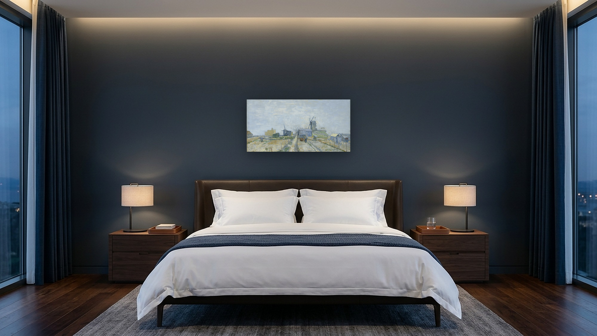 Montmartre: mills and vegetable gardens by Vincent van Gogh, shown at 20 × 40 in (50.8 × 101.6 cm) as gallery-wrapped canvas, hotel guest room