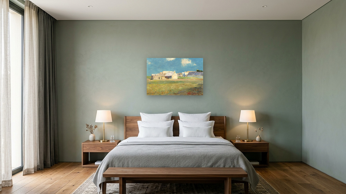 Breton Village by Odilon Redon, shown at 28 × 42 in (71.1 × 106.7 cm) as gallery-wrapped canvas, hotel guest room
