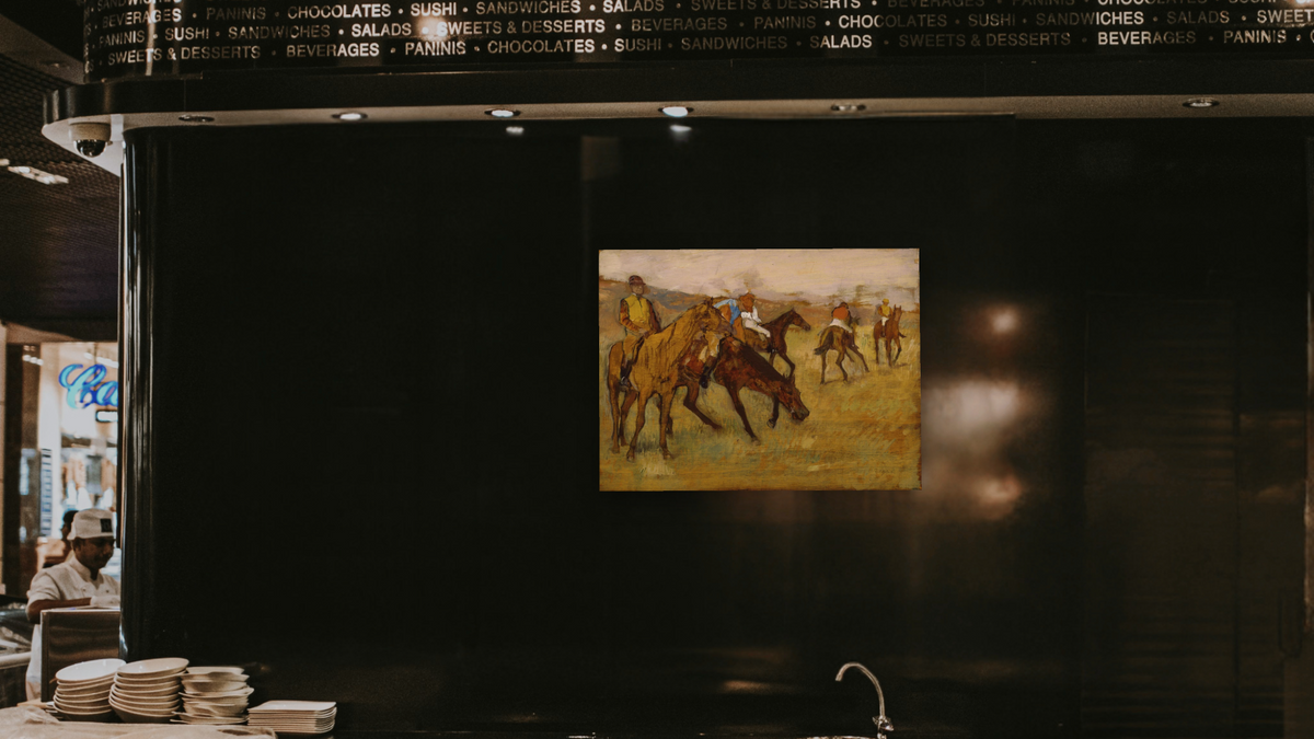 Before the Race by Edgar Degas, shown at 30 × 40 in (76.2 × 101.6 cm) as gallery-wrapped canvas, restaurant