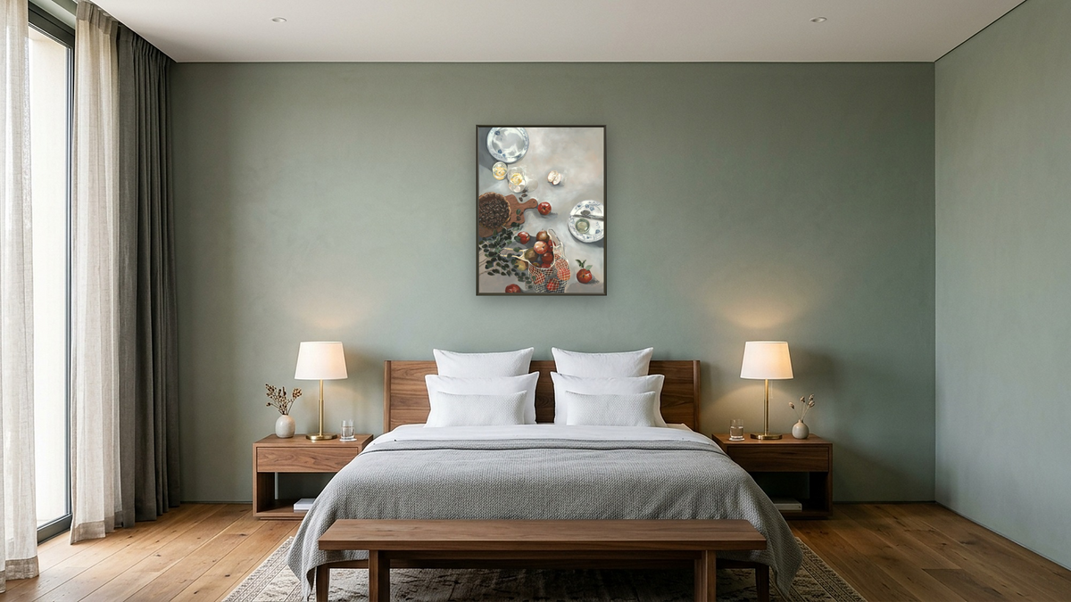 How Do You Like These Apples by Catherine Gerke, shown at 30 × 40 in (76.2 × 101.6 cm) on canvas in Ramino Satin Black, hotel guest room