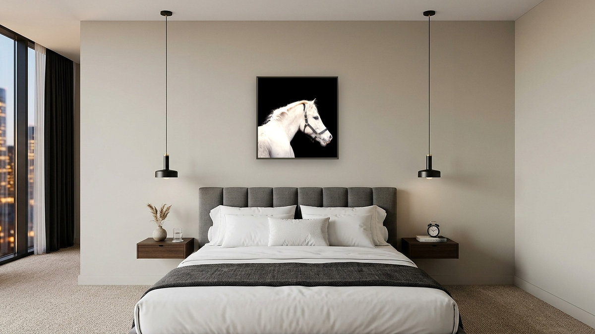 Maddie n black by Brandon Luther, shown at 32 × 32 in (81.3 × 81.3 cm) on canvas in Ramino Satin Black, hotel guest room