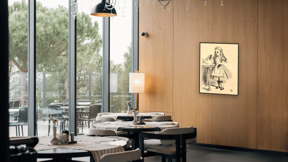 Alice peering at the Drink Me bottle, from 'Alice's Adventures in Wonderland' by Lewis Carroll by John Tenniel, shown at 30 × 40 in (76.2 × 101.6 cm) on canvas in Ramino Satin Black, restaurant