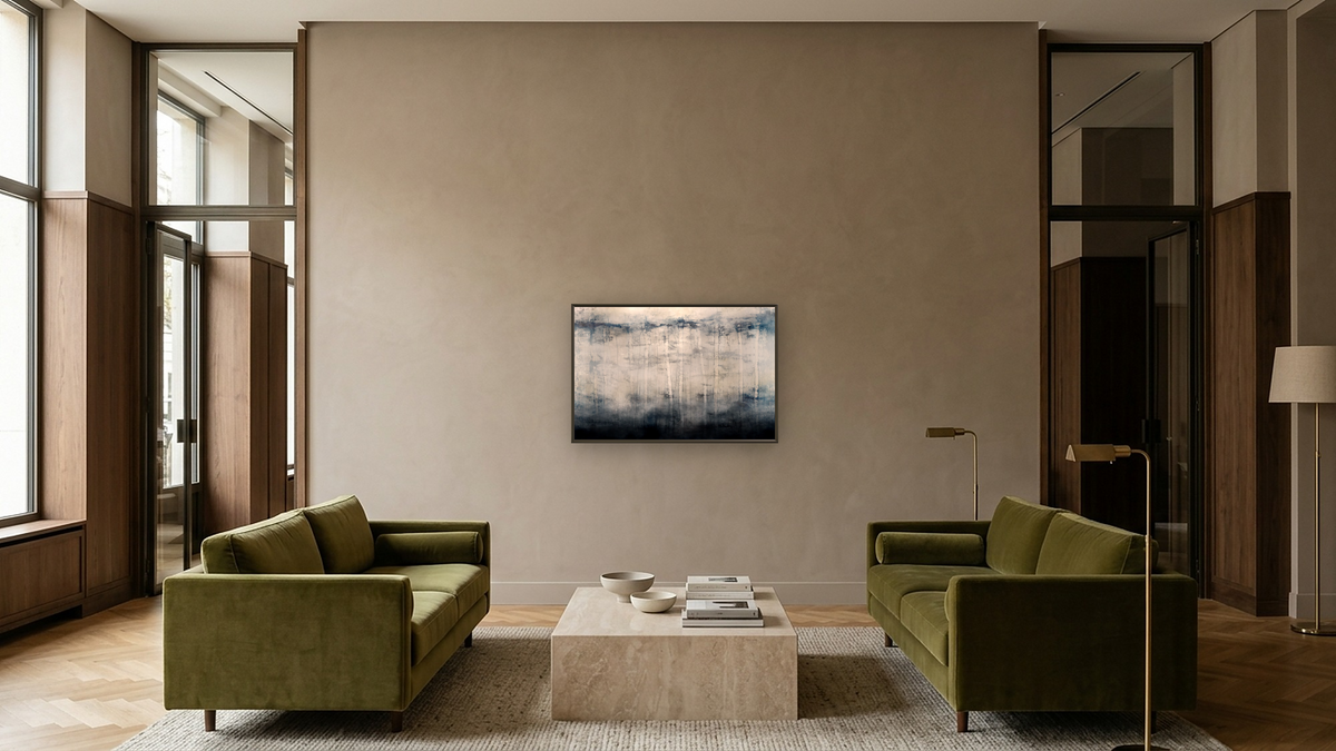 Birch Mist by Dan Hobday, shown at 28 × 42 in (71.1 × 106.7 cm) on canvas in Ramino Satin Black, hotel lobby