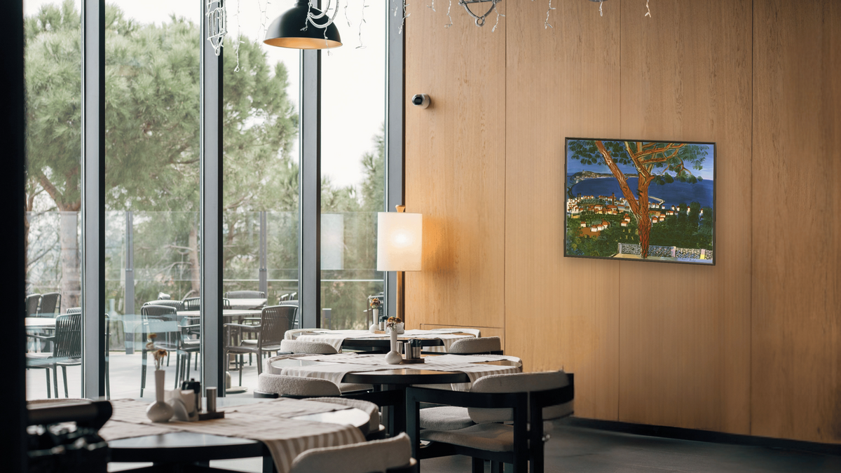 Golfe Juan by Raoul Dufy, shown at 32 × 40 in (81.3 × 101.6 cm) on canvas in Ramino Satin Black, restaurant