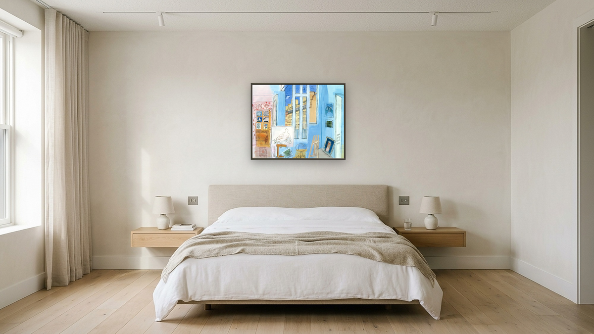 The Artist's Studio by Raoul Dufy, shown at 32 × 40 in (81.3 × 101.6 cm) on canvas in Ramino Satin Black, hotel guest room
