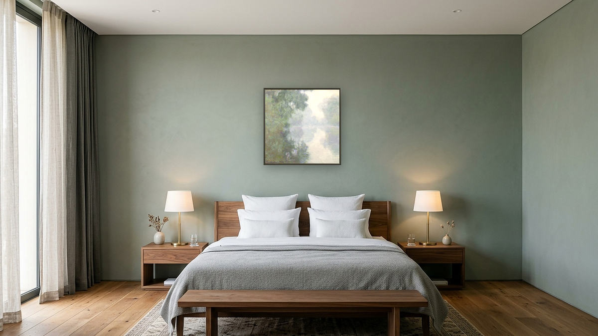 The Seine at Giverny, Morning Mists by Claude Monet, shown at 32 × 32 in (81.3 × 81.3 cm) on canvas in Ramino Satin Black, hotel guest room