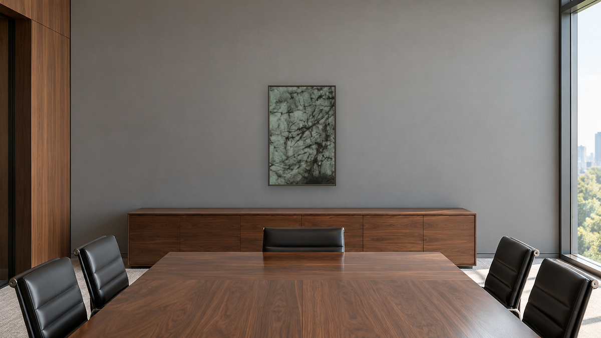 No. 281A by Michelle Oppenheimer, shown at 28 × 42 in (71.1 × 106.7 cm) on canvas in Ramino Satin Black, boardroom