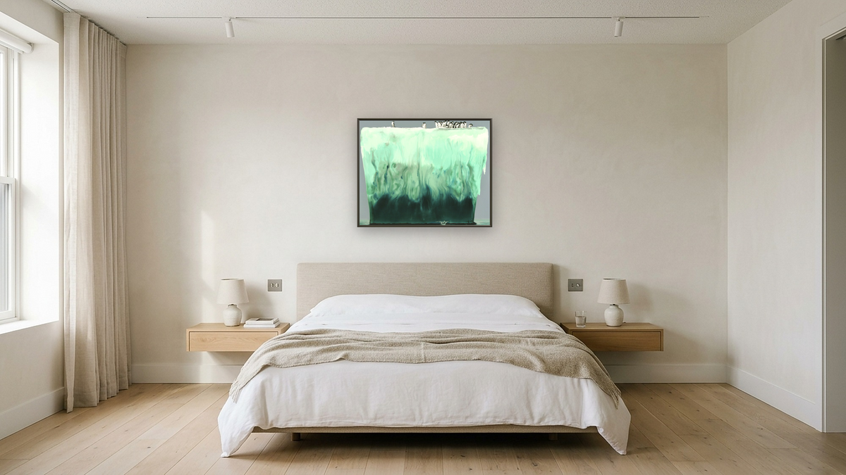 Adelies by Alexis Rockman, shown at 32 × 40 in (81.3 × 101.6 cm) on canvas in Ramino Satin Black, hotel guest room