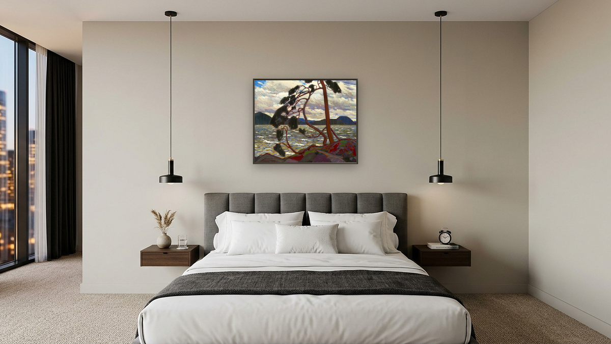 The West Wind, winter by Tom Thomson, shown at 32 × 40 in (81.3 × 101.6 cm) on canvas in Ramino Satin Black, hotel guest room