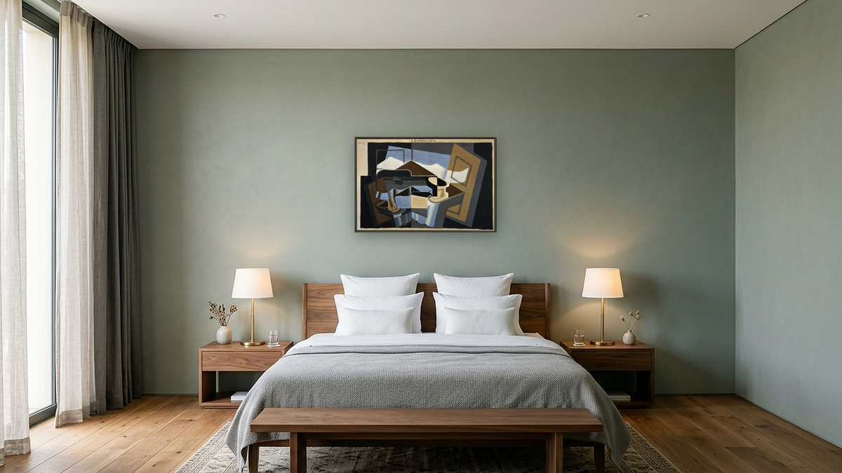 Le Canigou by Juan Gris, shown at 28 × 42 in (71.1 × 106.7 cm) on canvas in Ramino Satin Black, hotel guest room