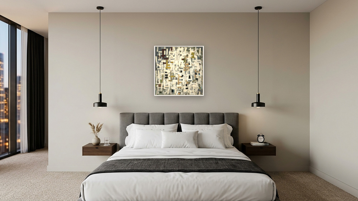 No. 9 by Bradley Walker Tomlin, shown at 32 × 32 in (81.3 × 81.3 cm) on canvas in Ramino Satin Black, hotel guest room