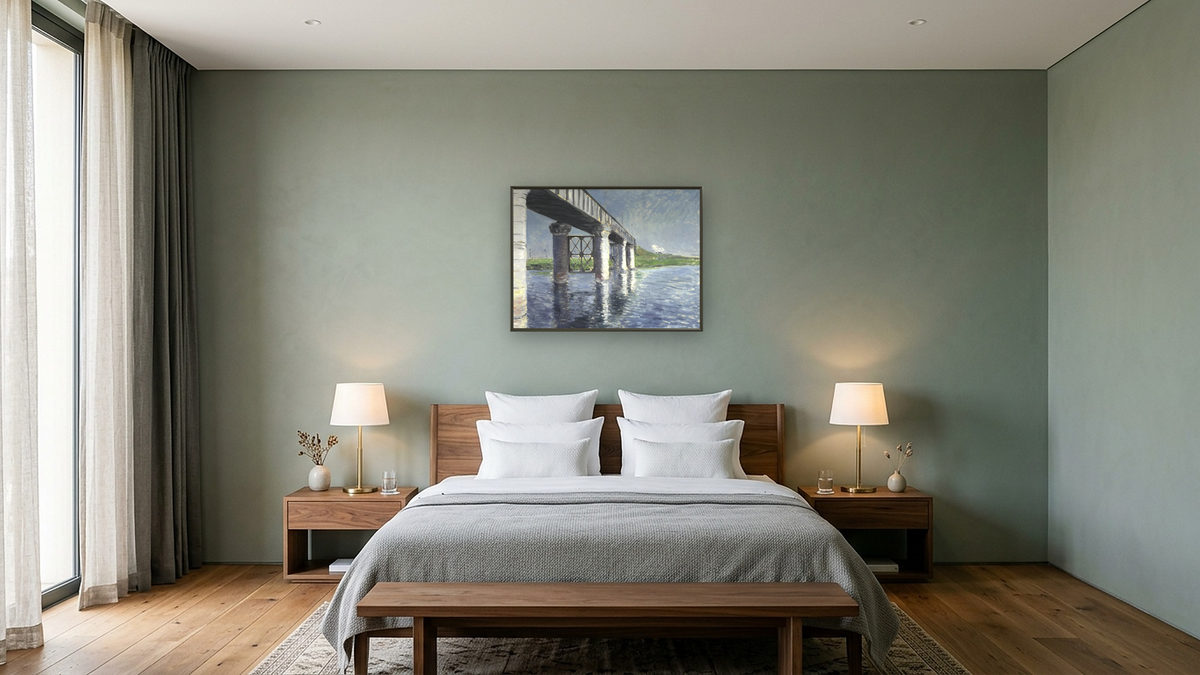 The Seine and the Railroad Bridge at Argenteuil (La Seine et le pont du chemin de fer dArgenteuil) by Gustave Caillebotte, shown at 30 × 40 in (76.2 × 101.6 cm) on canvas in Ramino Satin Black, hotel guest room