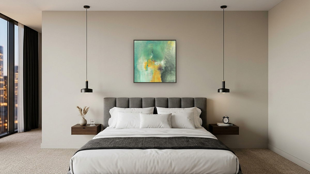 No. 202 by Michelle Oppenheimer, shown at 32 × 32 in (81.3 × 81.3 cm) on canvas in Ramino Satin Black, hotel guest room
