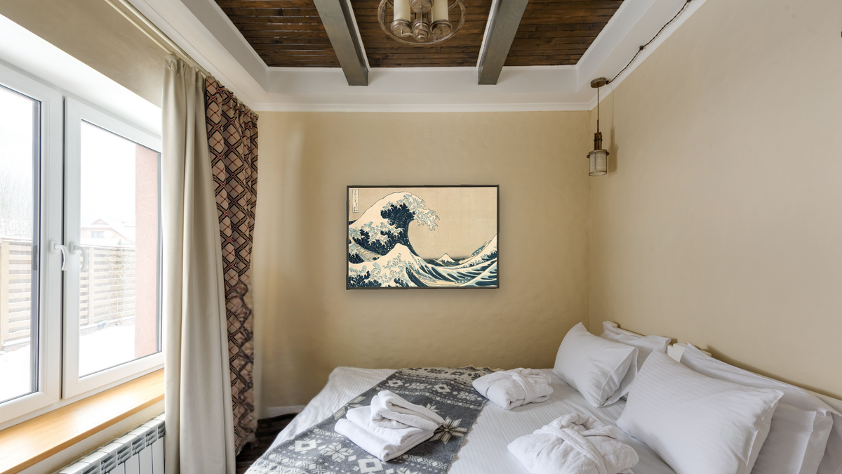 The Great Wave of Kanagawa, from the series '36 Views of Mt. Fuji' ('Fugaku sanjuokkei') pub. by Nishimura Eijudo by Katsushika Hokusai, shown at 28 × 42 in (71.1 × 106.7 cm) on canvas in Ramino Satin Black, hotel guest room