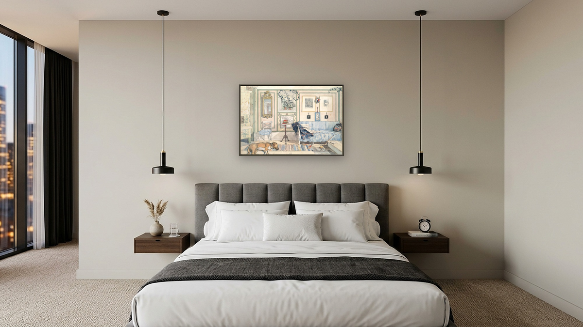 Cosy Corner by Carl Larsson, shown at 28 × 42 in (71.1 × 106.7 cm) on canvas in Ramino Satin Black, hotel guest room