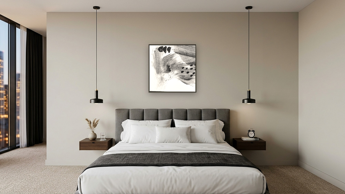 Black White Set 4 by Dan Hobday, shown at 32 × 32 in (81.3 × 81.3 cm) on canvas in Ramino Satin Black, hotel guest room