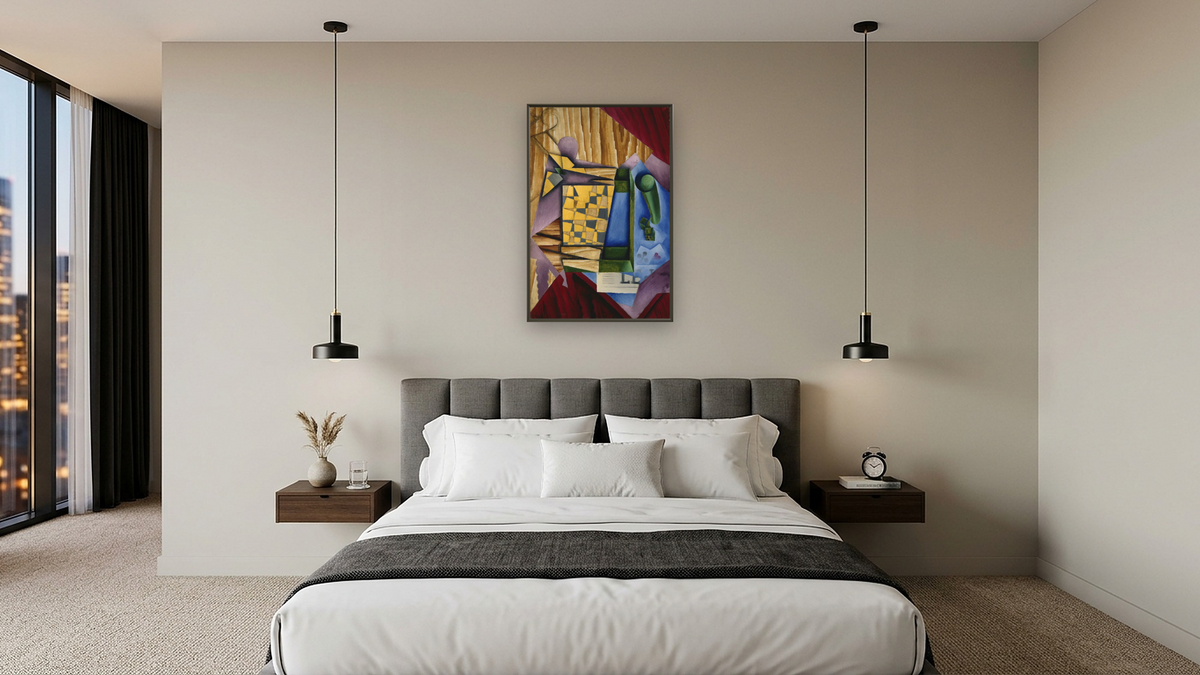 Backgammon by Juan Gris, shown at 28 × 42 in (71.1 × 106.7 cm) on canvas in Ramino Satin Black, hotel guest room