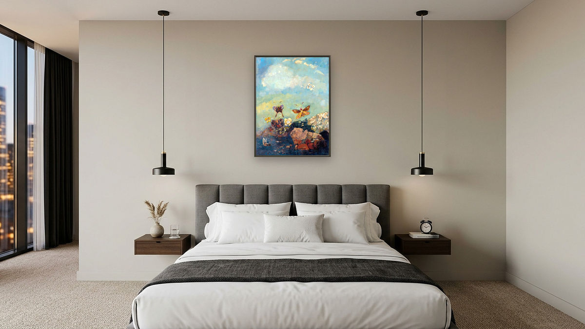 Butterflies by Odilon Redon, shown at 30 × 40 in (76.2 × 101.6 cm) on canvas in Ramino Satin Black, hotel guest room