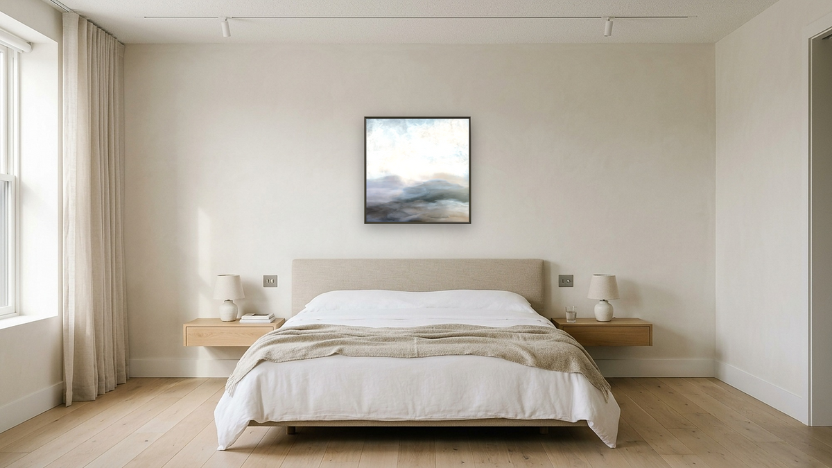 Dream Lands SQ by Dan Hobday, shown at 32 × 32 in (81.3 × 81.3 cm) on canvas in Ramino Satin Black, hotel guest room