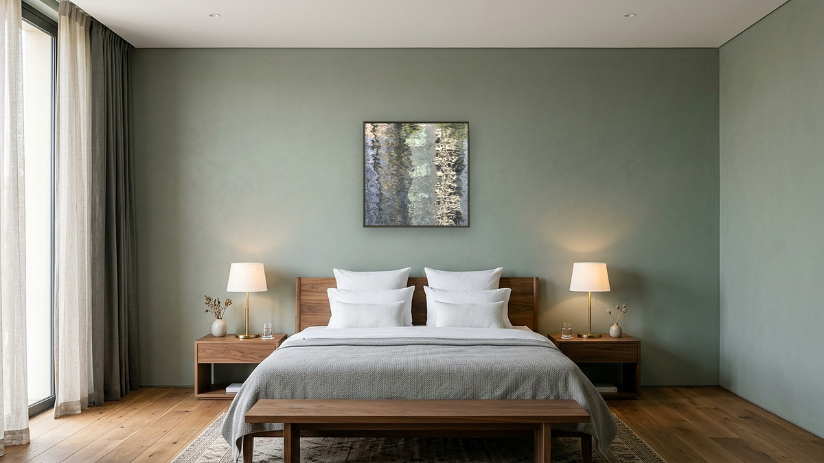 Balm and Antidote by Judith Rayl, shown at 32 × 32 in (81.3 × 81.3 cm) on canvas in Ramino Satin Black, hotel guest room