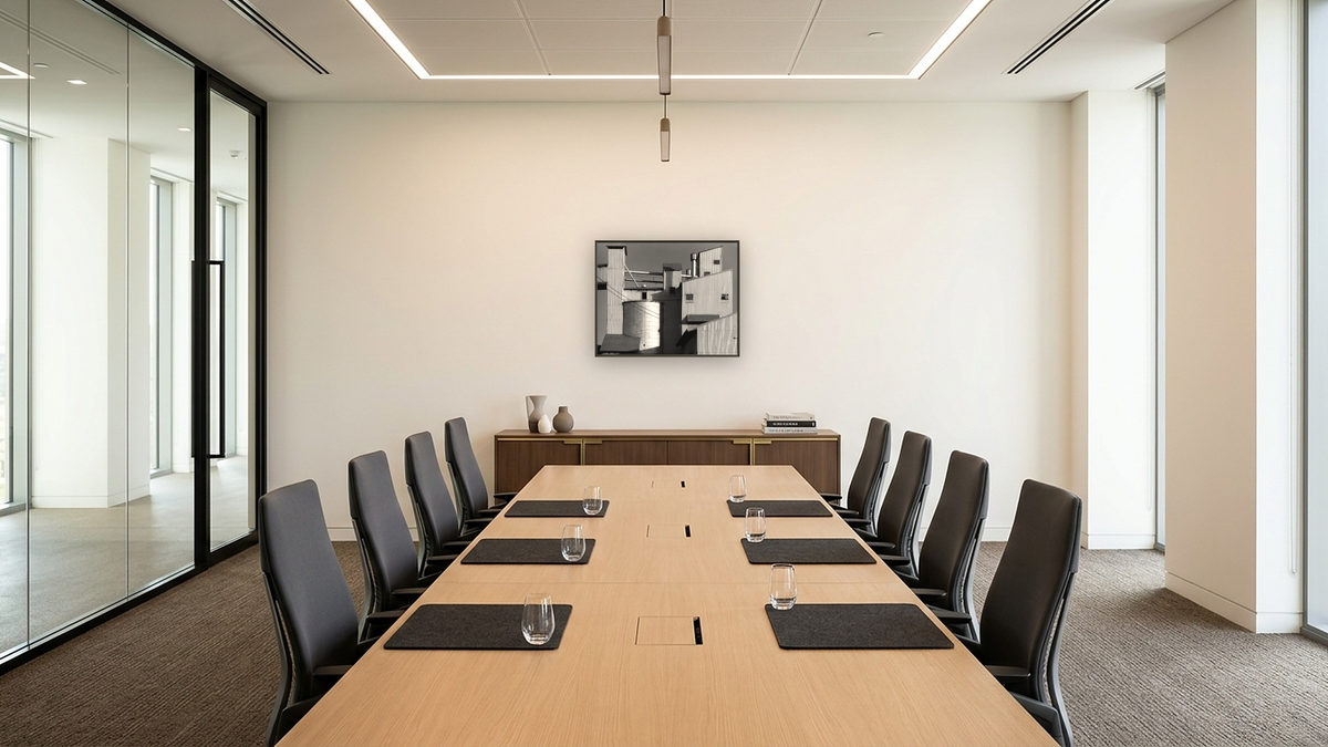 Arbuckle Warehouse #14 by Gordon Osmundson, shown at 32 × 40 in (81.3 × 101.6 cm) on canvas in Ramino Satin Black, boardroom