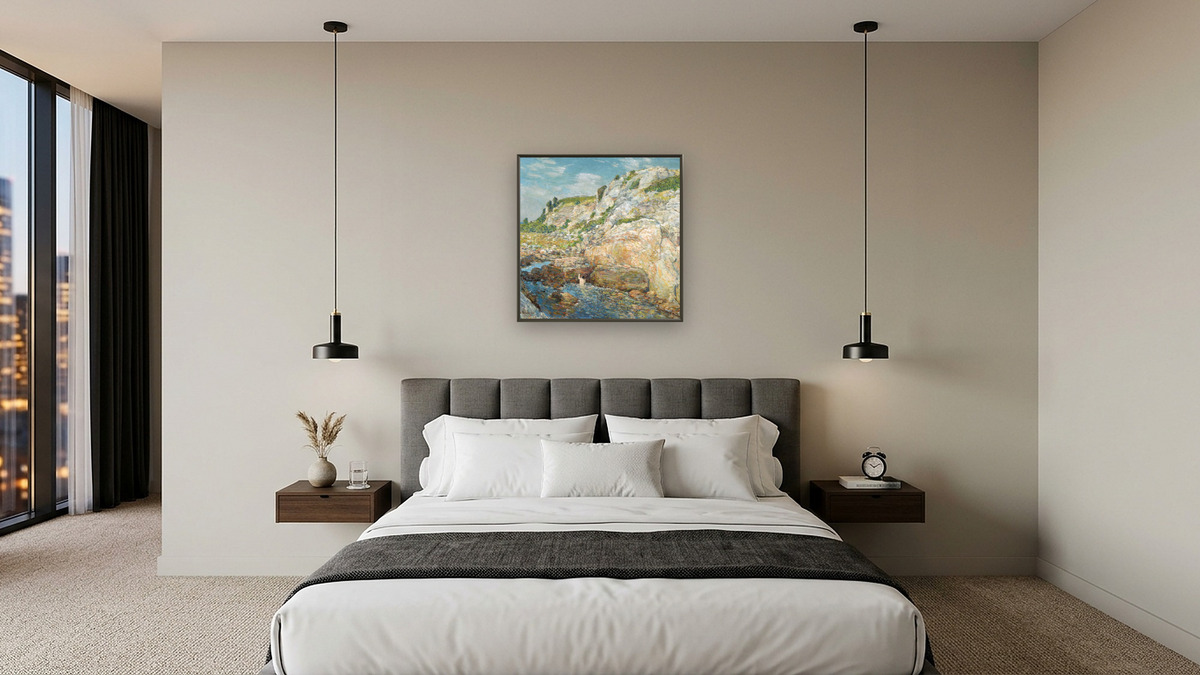 Northeast Gorge at Appledore by Childe Hassam, shown at 32 × 32 in (81.3 × 81.3 cm) on canvas in Ramino Satin Black, hotel guest room