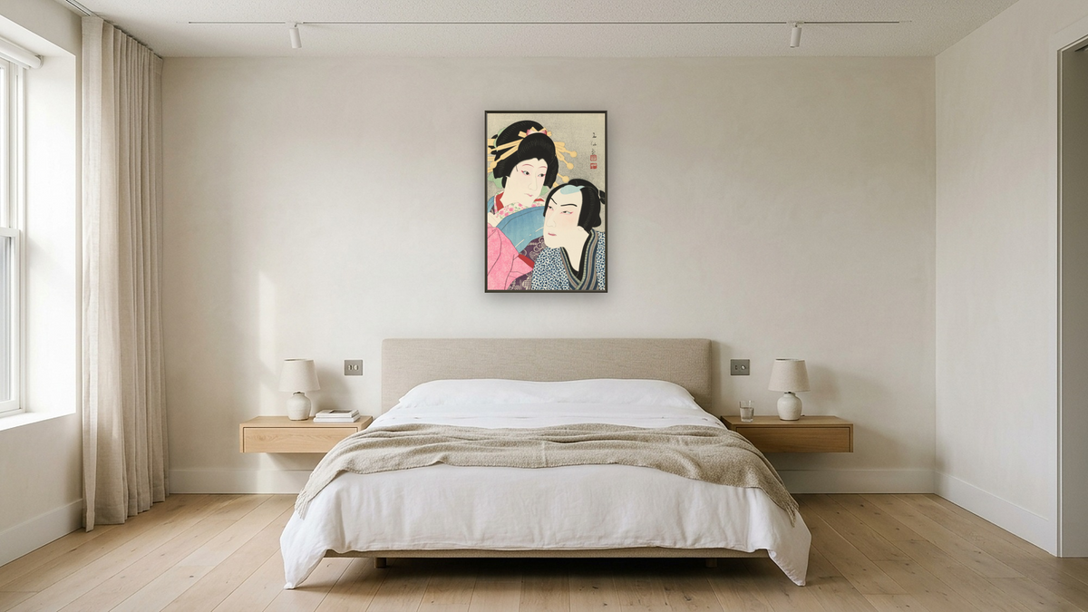 The Actors Ichikawa Shocho II as Umegawa and Kataoka Gado IV as Chubei by Natori Shunsen, shown at 28 × 42 in (71.1 × 106.7 cm) on canvas in Ramino Satin Black, hotel guest room