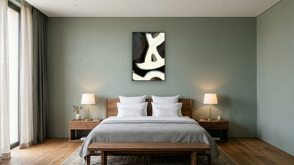 Bones 1 by Dan Hobday, shown at 28 × 42 in (71.1 × 106.7 cm) on canvas in Ramino Satin Black, hotel guest room