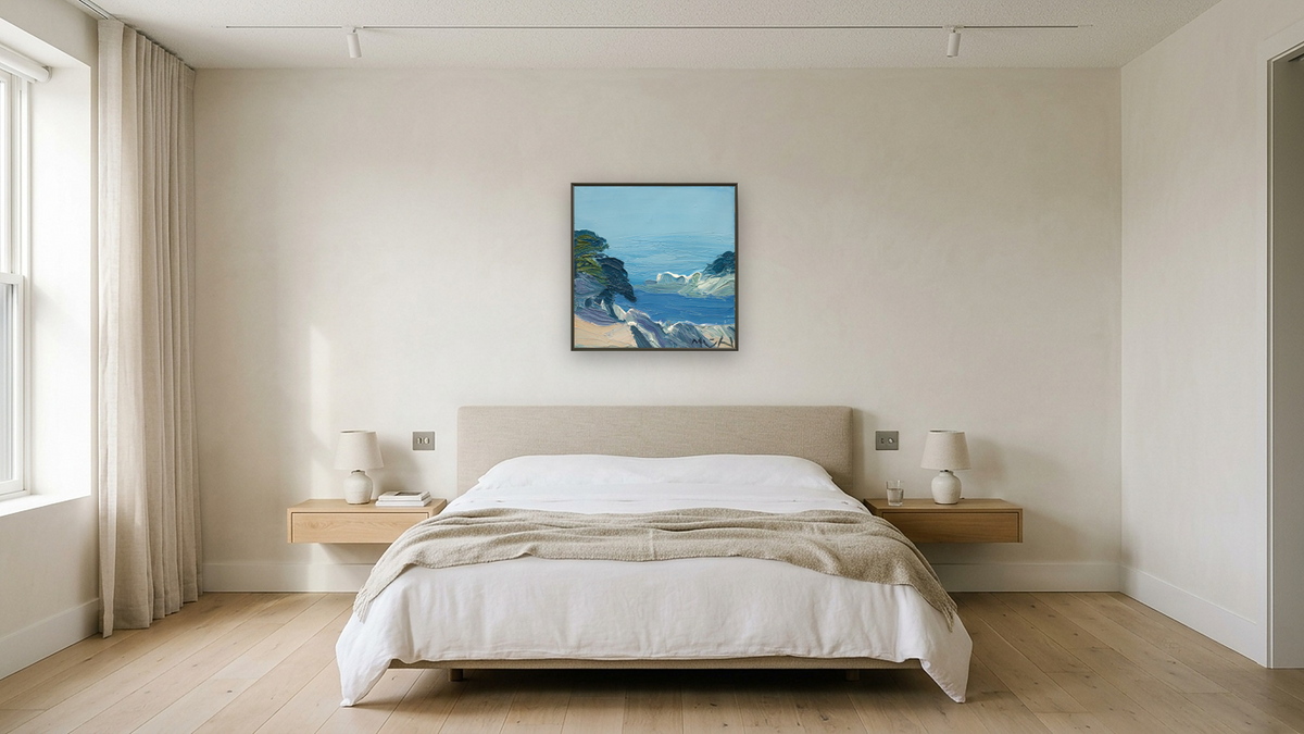 Saint-Honorat by Roger Mühl, shown at 32 × 32 in (81.3 × 81.3 cm) on canvas in Ramino Satin Black, hotel guest room