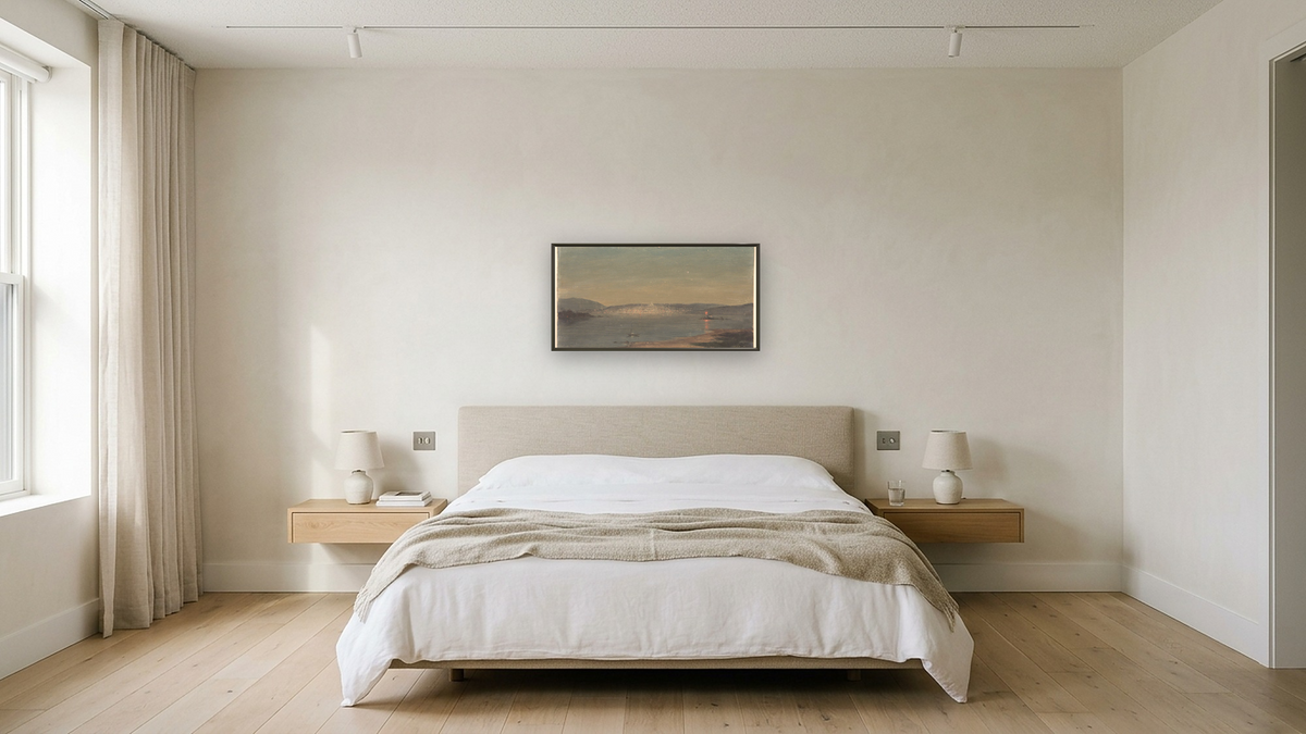 Night View of a Seaport by Frederic Edwin Church, shown at 20 × 40 in (50.8 × 101.6 cm) on canvas in Ramino Satin Black, hotel guest room