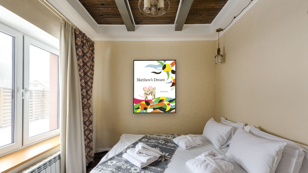 Matthew's Dream XVII by Leo Lionni, shown at 32 × 40 in (81.3 × 101.6 cm) on canvas in Ramino Satin Black, hotel guest room