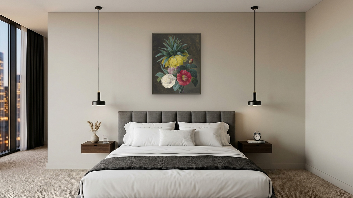 Four Peonies and a Crown Imperial by Pierre Joseph Redouté, shown at 32 × 40 in (81.3 × 101.6 cm) on canvas in Ramino Satin Black, hotel guest room
