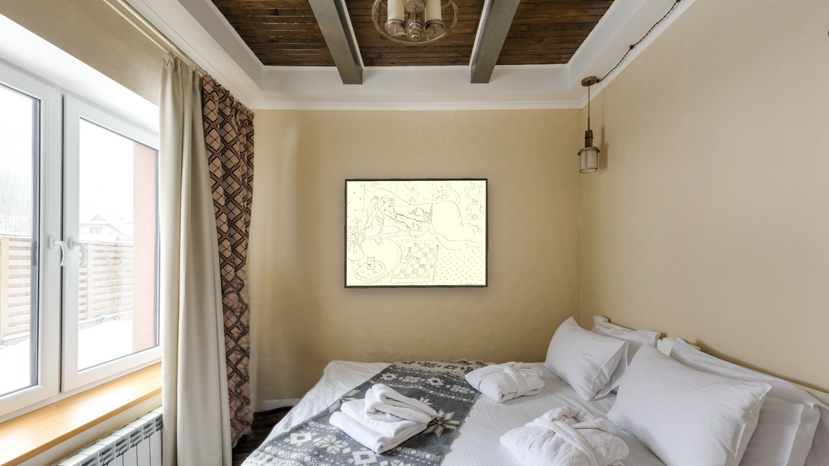 Reclining Odalisque with Checkerboard by Henri Matisse, shown at 30 × 40 in (76.2 × 101.6 cm) on canvas in Ramino Satin Black, hotel guest room