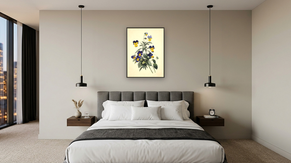 Viola Tricolor (Wild Pansy), Choix des Plus Belles Fleurs et Des Plus Beaux Fruits by Pierre Joseph Redouté, shown at 30 × 40 in (76.2 × 101.6 cm) on canvas in Ramino Satin Black, hotel guest room