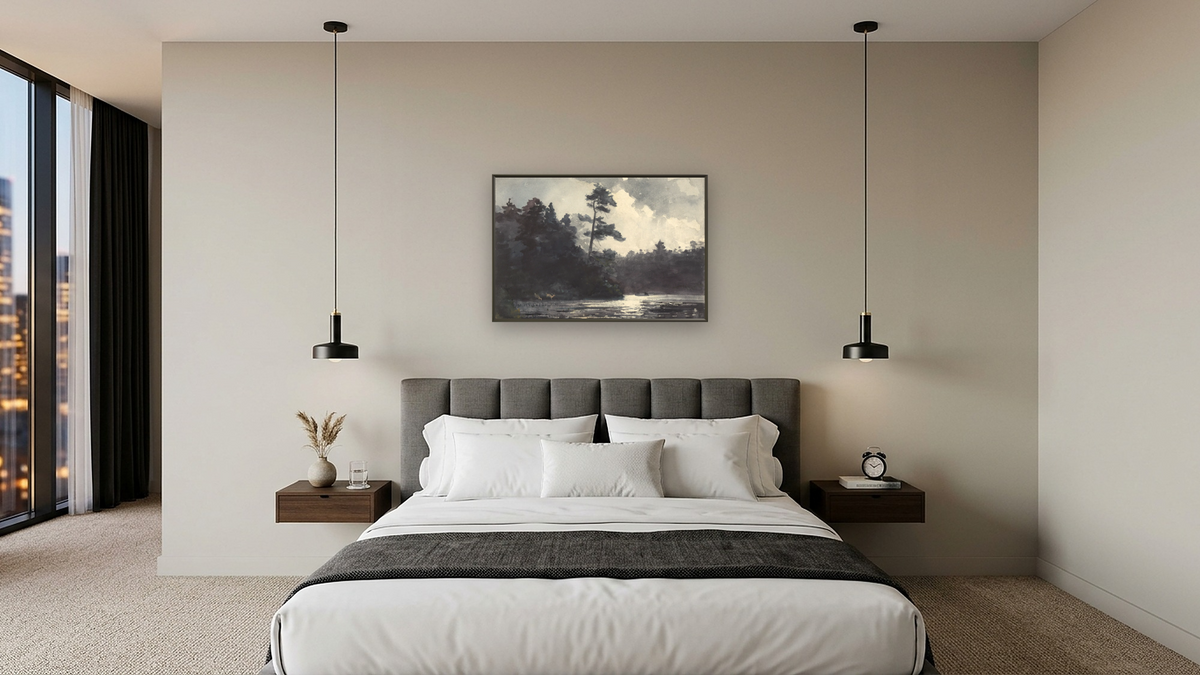 Adirondack Lake by Winslow Homer, shown at 28 × 42 in (71.1 × 106.7 cm) on canvas in Ramino Satin Black, hotel guest room