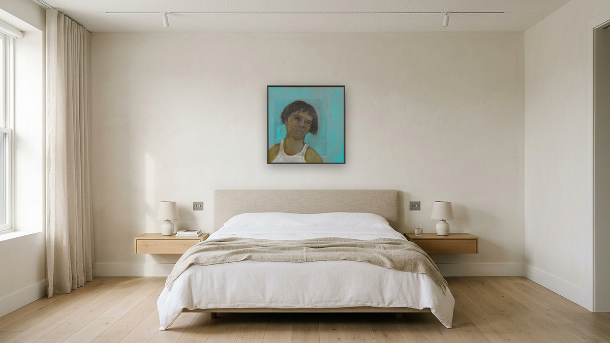 Looks Just Like by Dobee Snowber, shown at 32 × 32 in (81.3 × 81.3 cm) on canvas in Ramino Satin Black, hotel guest room