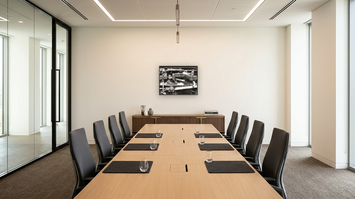 Valve Gear, C&O 614 from the Railroad Series by Gordon Osmundson, shown at 30 × 40 in (76.2 × 101.6 cm) on canvas in Ramino Satin Black, boardroom