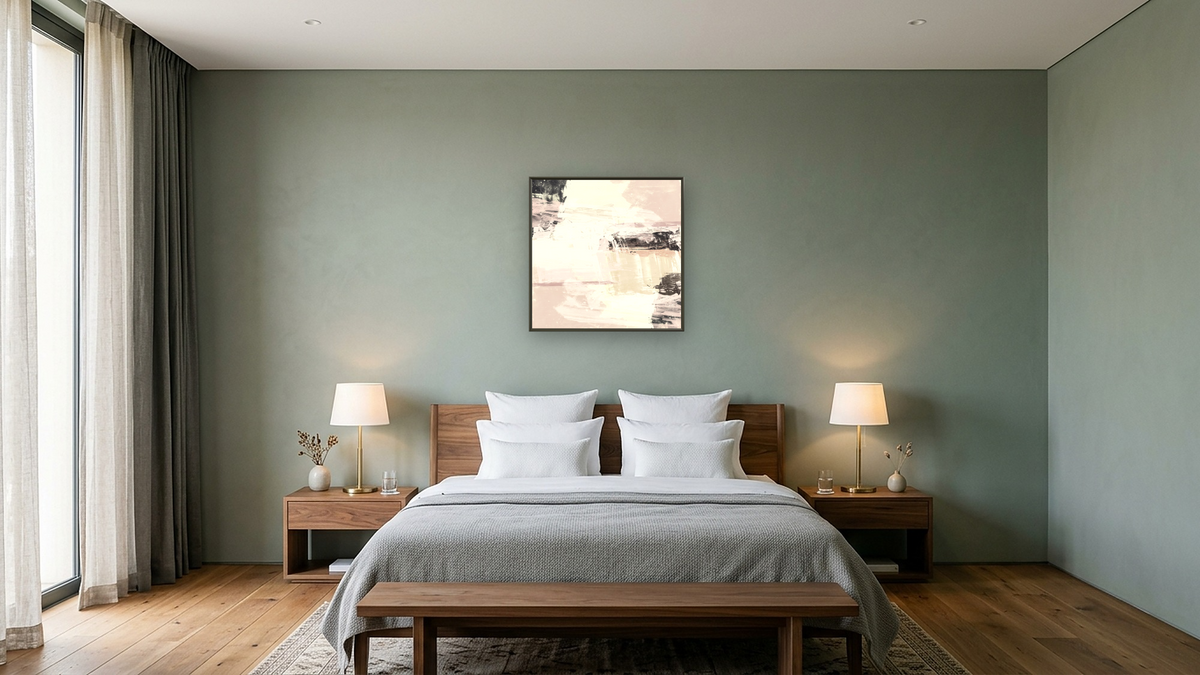 Daylight by Dan Hobday, shown at 32 × 32 in (81.3 × 81.3 cm) on canvas in Ramino Satin Black, hotel guest room