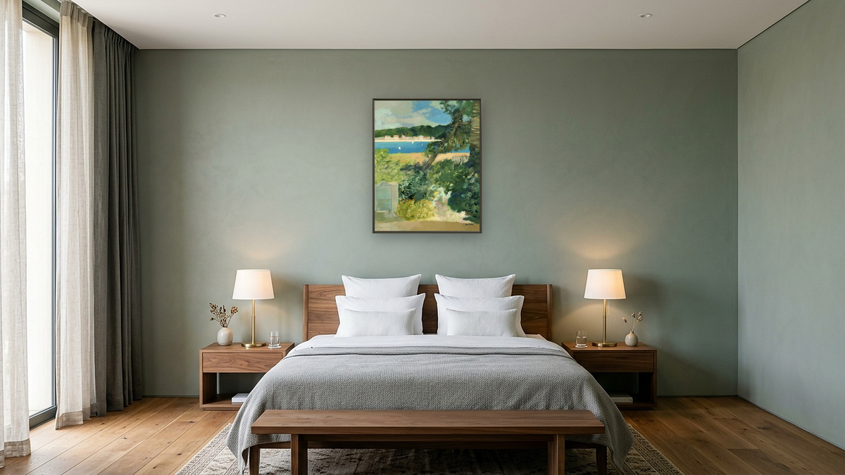 Portal Aux Deux Tourterelles by Guy Bardone, shown at 32 × 40 in (81.3 × 101.6 cm) on canvas in Ramino Satin Black, hotel guest room